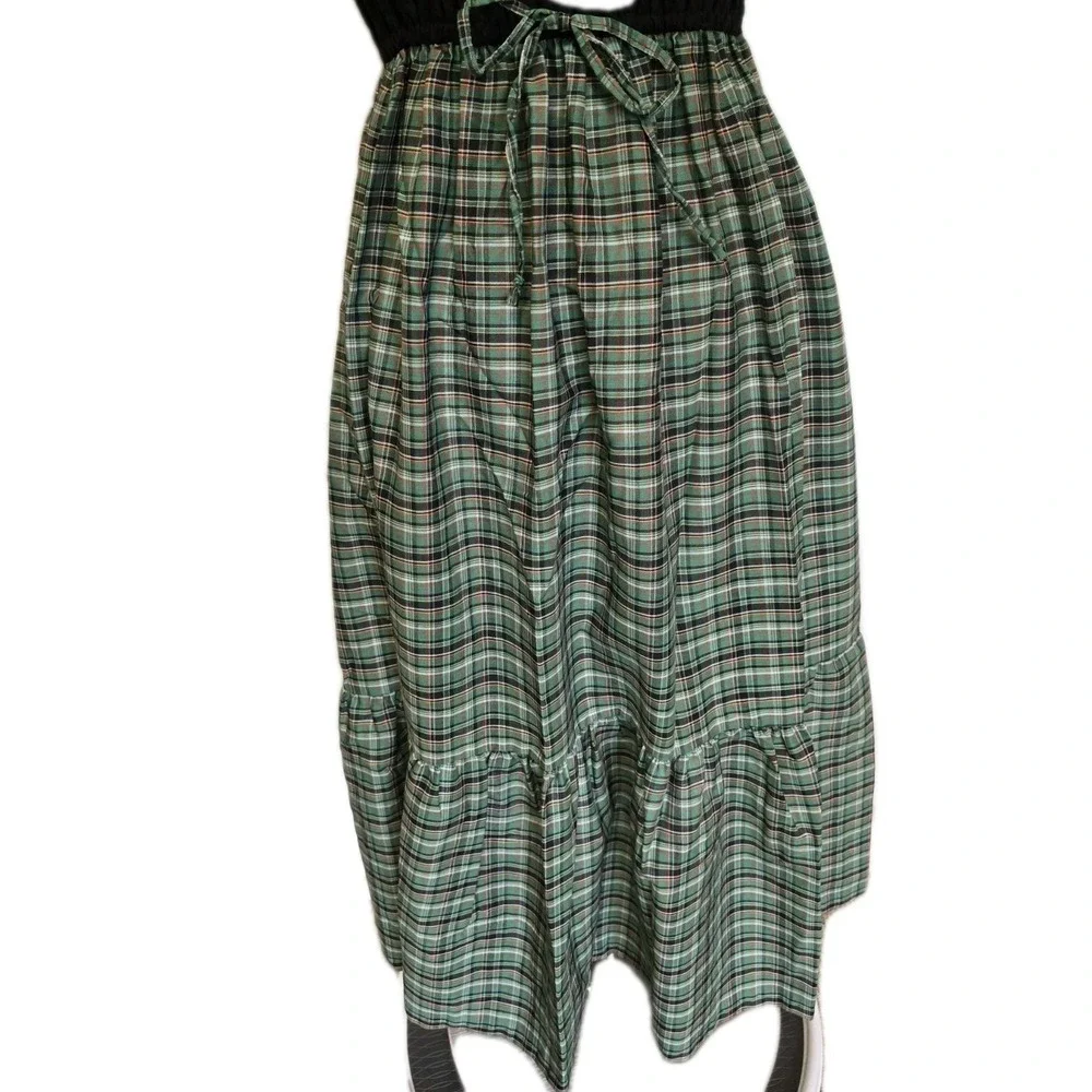 1960s 70s Vintage Womens Dress High Waist Green Plaid Schoolgirl Cinch Tie Bust - Picture 3 of 8
